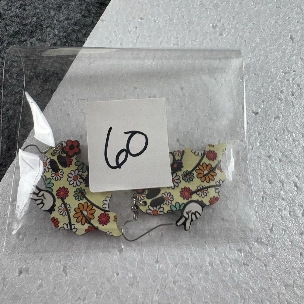 Flower Power Ghost Earrings Peace Sign‎ Wooden Dangle Boho Retro 70s Halloween